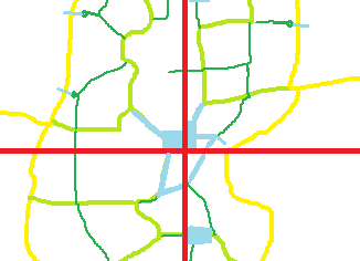 In vier Quadranten geteiltes Straßennetz