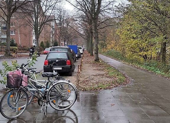 Durch das Einsetzen von Holzpfähle wurde erreicht, dass in der vorgeschriebenen Anordnung geparkt wird. Dies ist eine deutliche Verbesserung für Fußgänger*innen und Radfahrer*innen.