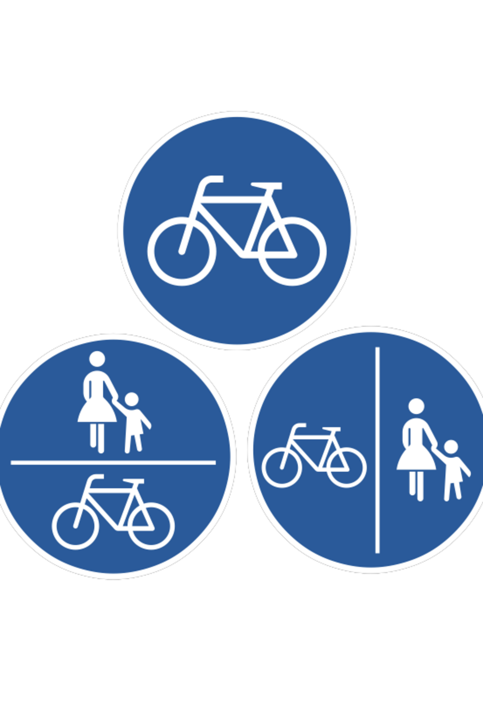 Verkehrszeichen zur Benutzungspflicht drei blaue, runde Verkehrszeichen jeweils mit Fahrrad und ggf. zusätzlich Fußgängerpiktogramm
