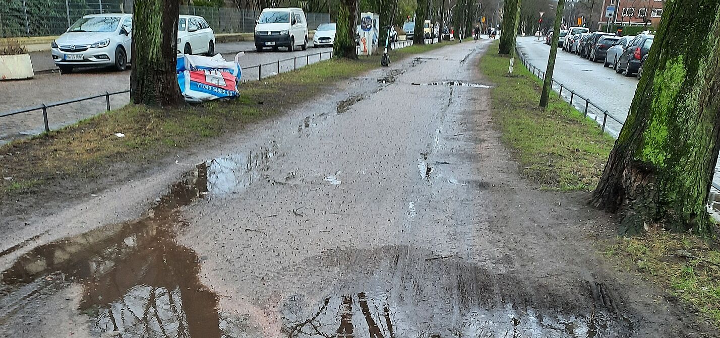 Der gemischter Fuß- und Radweg der Bleickenallee verwandelt sich bei Regen in eine Matschpiste.