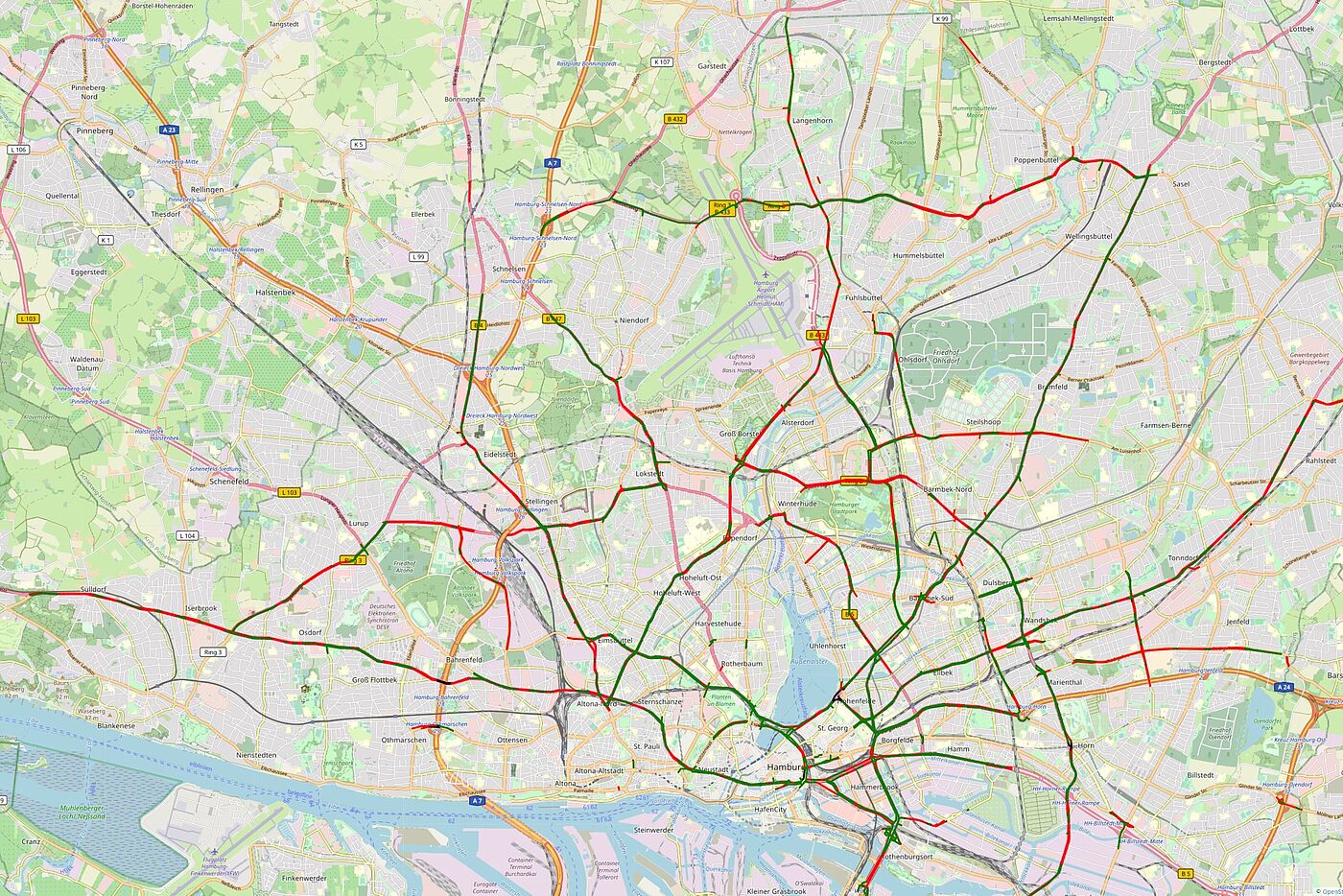 Karte mit benutzungspflichtigen Radwegen in Hamburg