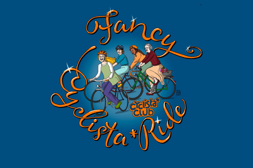 FC*R Gezeichnetes Logo Fancy Cylista*Ride: vier Frauen auf Fahrrädern vor blauem Hintergrund, darum ein verschnörkelter Schriftzug "Fancy Cyclista*Ride"
