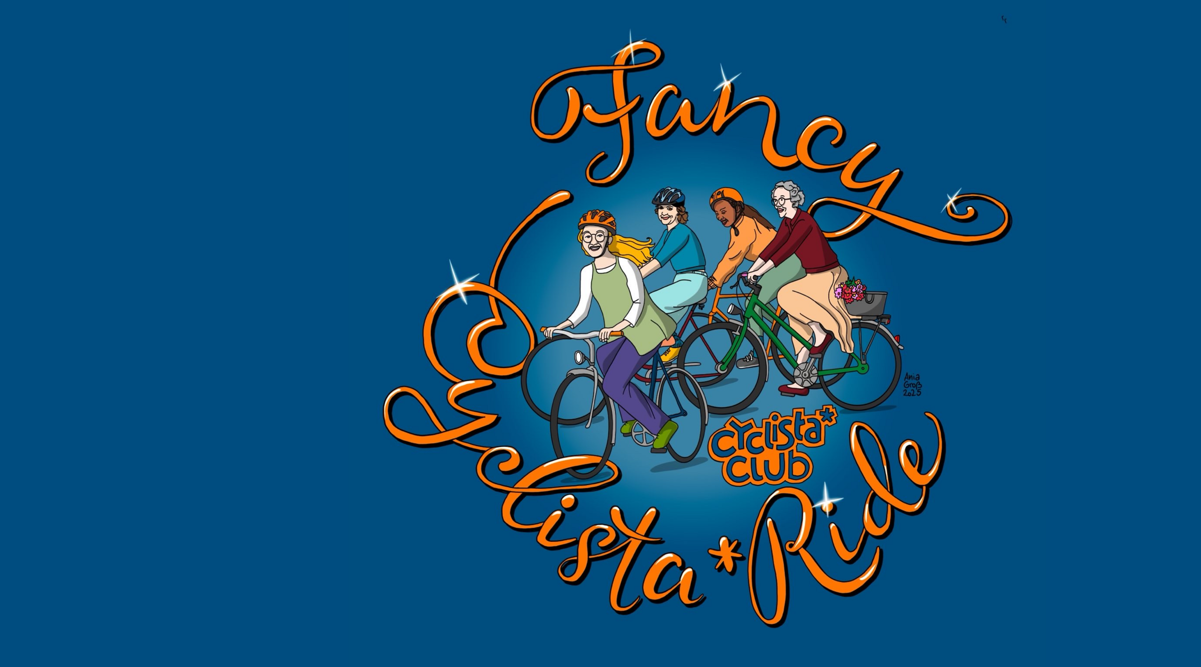 Gezeichnetes Logo Fancy Cylista*Ride: vier Frauen auf Fahrrädern vor blauem Hintergrund, darum ein verschnörkelter Schriftzug "Fancy Cyclista*Ride"
