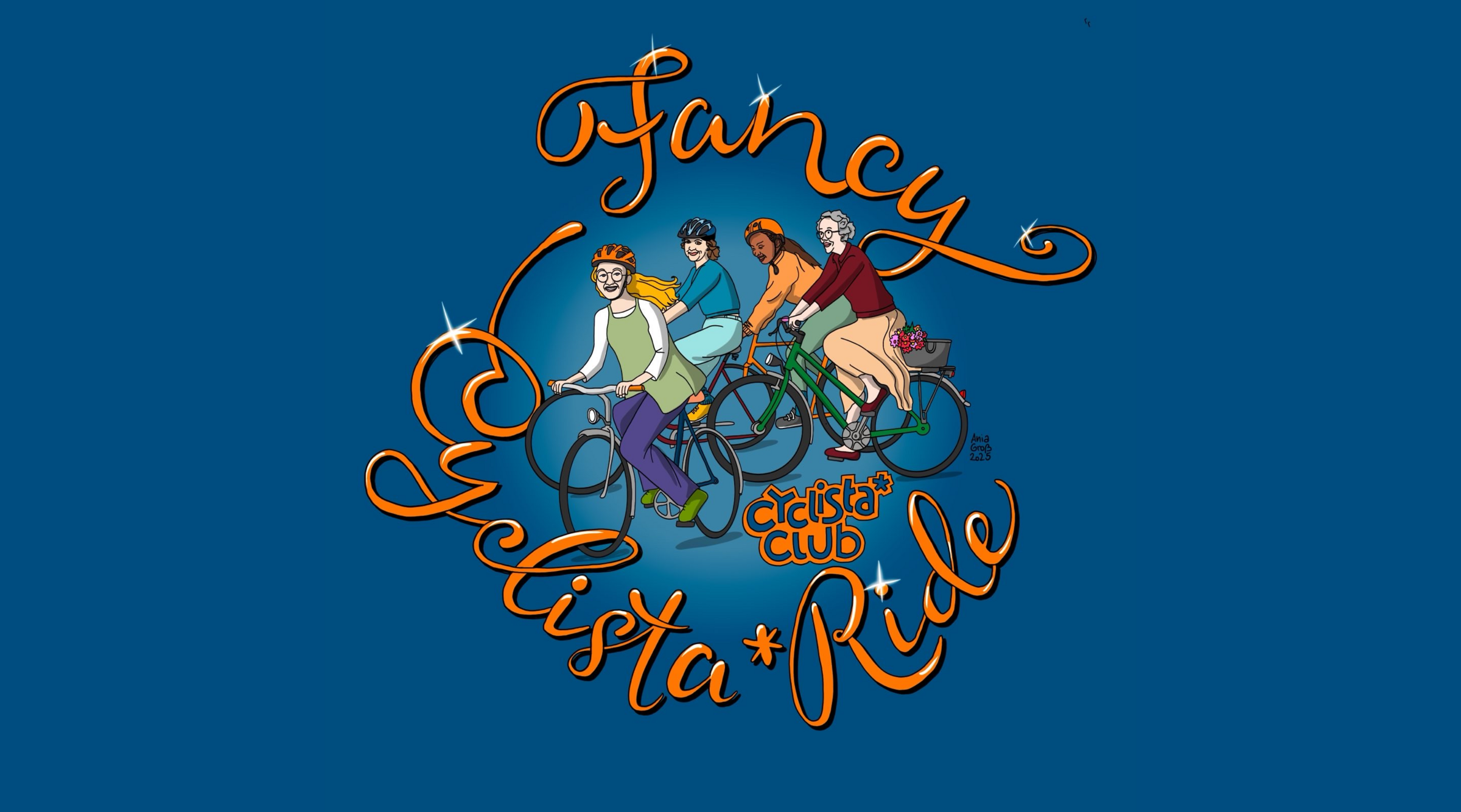Gezeichnetes Logo Fancy Cylista*Ride: vier Frauen auf Fahrrädern vor blauem Hintergrund, darum ein verschnörkelter Schriftzug "Fancy Cyclista*Ride"