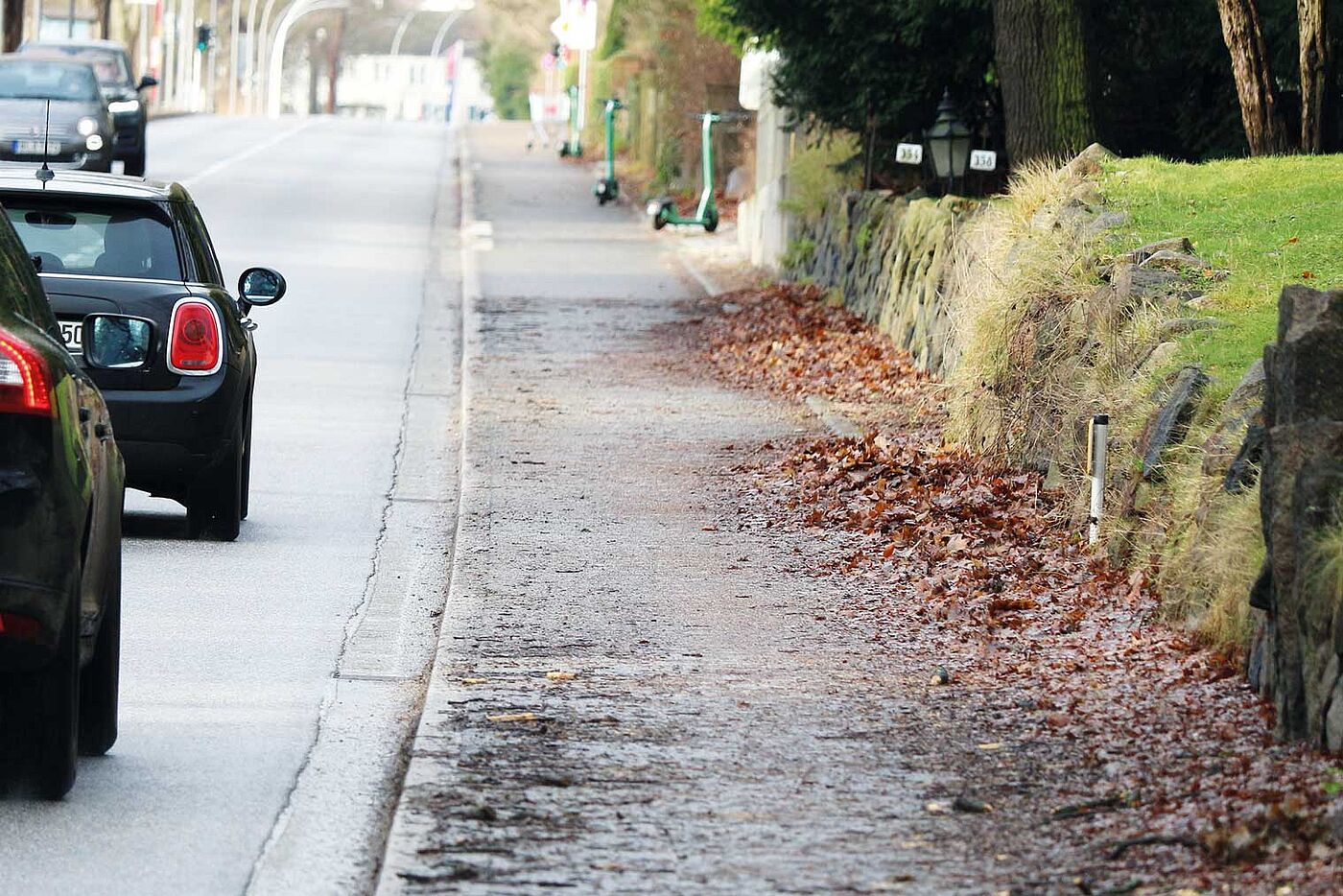 Kopenhagener Radweg, Hamburg Edition: nur 1,80 Meter schmal und Ablageplatz für E-Scooter und Laub.