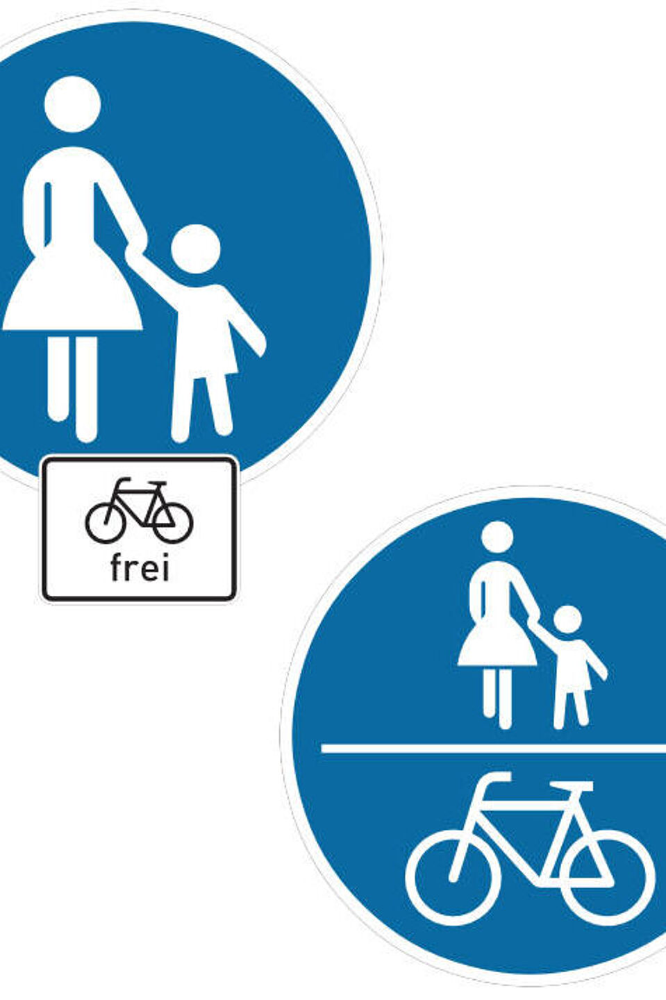 Links: Sonderweg für Fußgänger*innen "Radfahrer frei" Rechts: Gemeinsamer Geh- und Radweg Links: Sonderweg für Fußgänger*innen "Radfahrer frei" Rechts: Gemeinsamer Geh- und Radweg