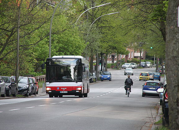 Auf einer breiten Fahrbahn stehen geparkte Pkw. Auf der Fahrbahn begegnen sich Bus und Radfahrer.
