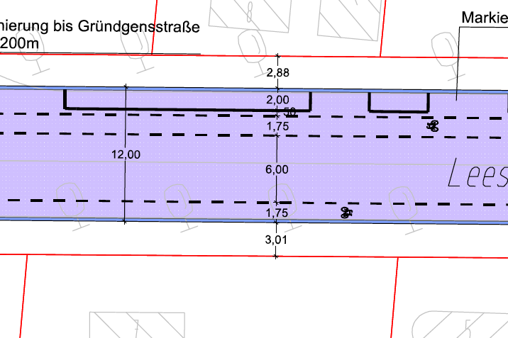 2 m Parkstreifen, 0,5 cm Sicherheitstrennstreifen, 1,75 m Schutzstreifen, 6 m Kernfahrbahn, 1,75 m Schutzstreifen