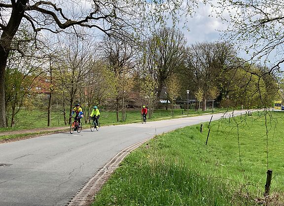 RennradfahrerInnen auf einer Asphaltfahrbahn in ländlicher Umgebung