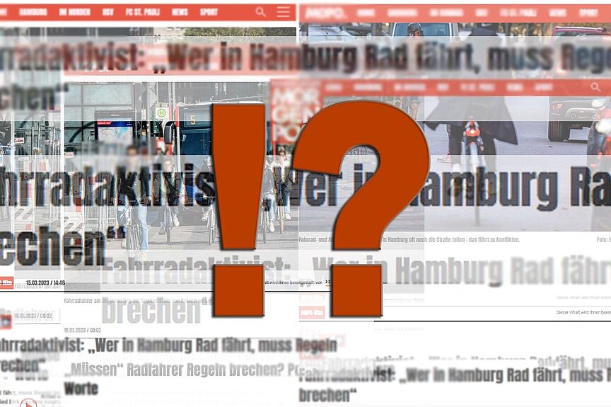 Ausrufezeichen und Fragezeichen vor dem HIntergrund einiger Zeitungsschlagzeilen