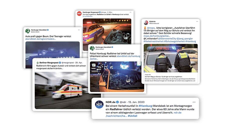 Tweets Collage von einigen Meldungen über Verkehrsunfälle auf Twitter