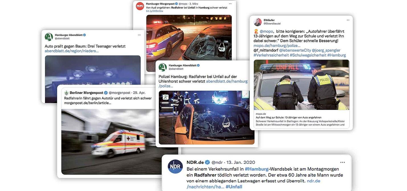 Collage von einigen Meldungen über Verkehrsunfälle auf Twitter