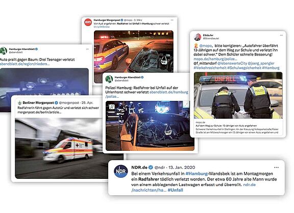 Collage von einigen Meldungen über Verkehrsunfälle auf Twitter