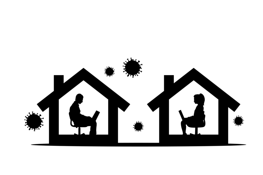 Online_Treffen Jeder sitzt in seinem Haus vor dem Laptop.