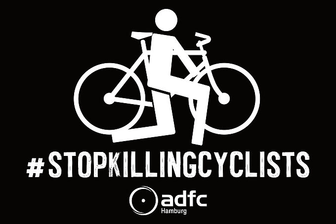 Grafik mit einer knienden Person neben einem Fahrrad, darunter der Schriftzug #stoppkillingcyclists. Alles in weiß auf schwarzem Hintergrund.