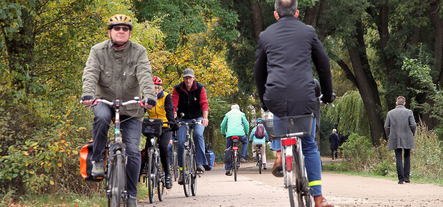 Enge auf dem Radweg an der Alster Radfahrer teilen sich den engen Zweirichtungsradweg An der Alster