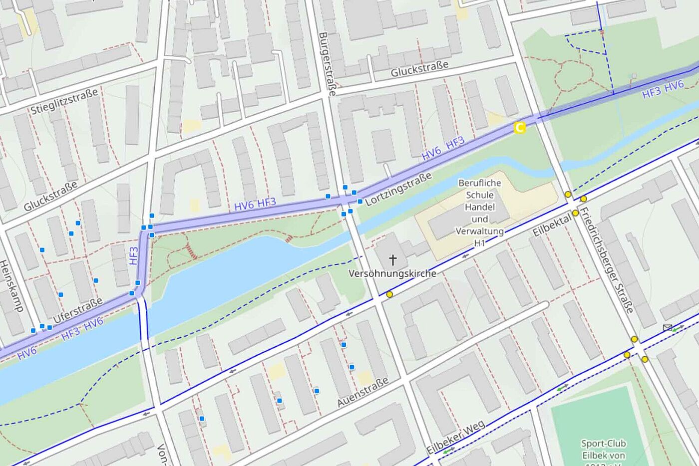 Kartenausschnitt der Lortzingstrasse im Hamburger Stadtteil Eilbek