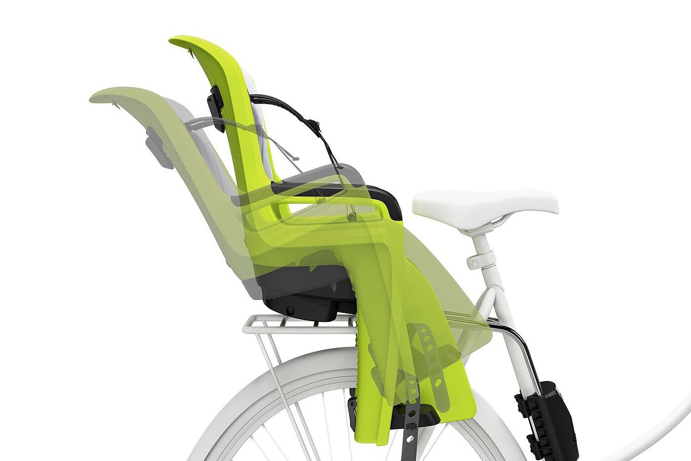 Neigetechnik am Kindersitz Thule RideAlong Illustration eines Kindersitzes hinten, der sich neigen kann, wenn das Kind im Kindersitz einschläft